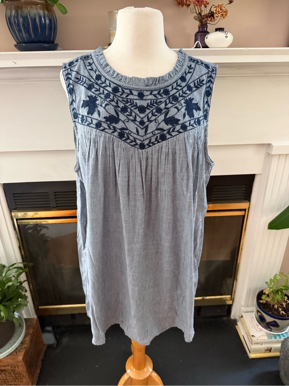 Motherhood Maternity Light Blue Tank with Navy Embroidered Yoke